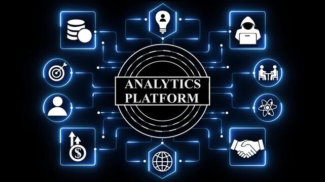 4K seamless loop animation of an intelligent enterprise analytics platform, featuring automated data processing systems, digital network intelligence UI concepts on a dark blue background.