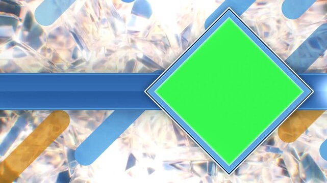 Sliding Rhombus Green Screen Frame with Blue Lower Third Bar on Crystal Diamond Light Background 
