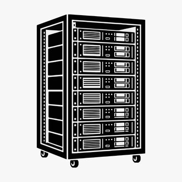 Creative Black and White of a Server Rack with Multiple Networking Devices and Storage Units with high quality professional line art symbols for modern creative design and digital branding projects
