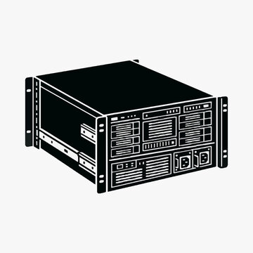 Creative Black and White of a Server Rack with Multiple Hard Drives and Power Supply Units with high quality professional line art symbols for modern creative design and digital branding projects