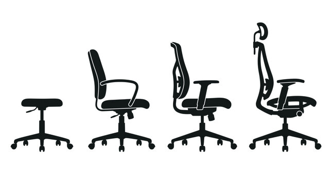 Black vector silhouette illustration set displaying four different styles of modern ergonomic office swivel chairs