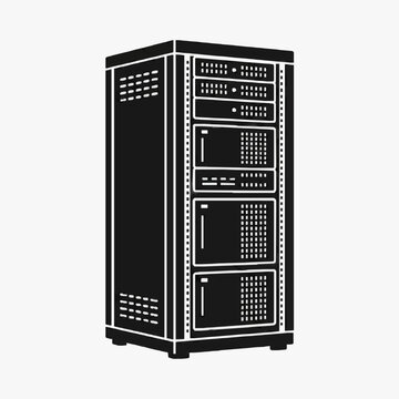 Creative Black and White of a Tall Server Rack with Multiple Networking Devices and Slots with high quality professional line art symbols for modern creative design and digital branding projects