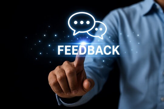 Hand pointing at a digital feedback button with chat icons above a dark background