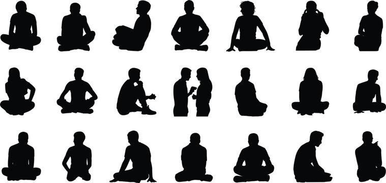 Set of black silhouettes depicting people sitting in various poses, including cross-legged, floor sitting, and casual postures, isolated on a white background