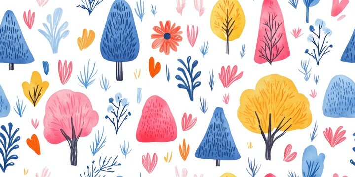 This is a hand-drawn watercolor seamless pattern, filled with stylized colorful trees, daisy flowers, heart shapes, and tiny foliage elements, arranged neatly on a white background.

