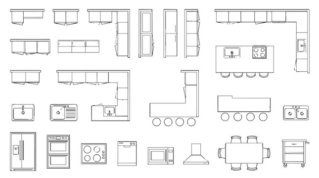 Architectural Kitchen CAD Blocks Top View Floor Plan Furniture Fixture Vector Set