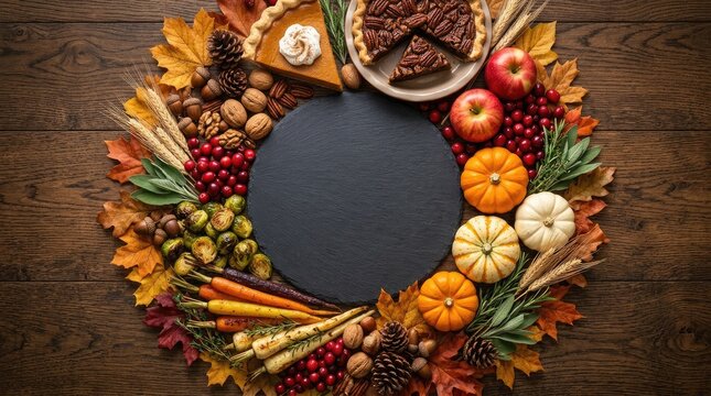 Flat lay flatlay food frame of autumn pies and vegetables around black slate copy space plate