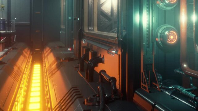 Bright orange lights illuminate a corridor in a futuristic control room. Metal panels and wires show advanced technology in use. The scene is set during a night environment.
