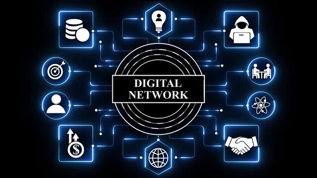 Digital Network Dashboard with Intelligent Connectivity and Enterprise Data Systems on Dark Blue Background.4k technology Animation and motion video.