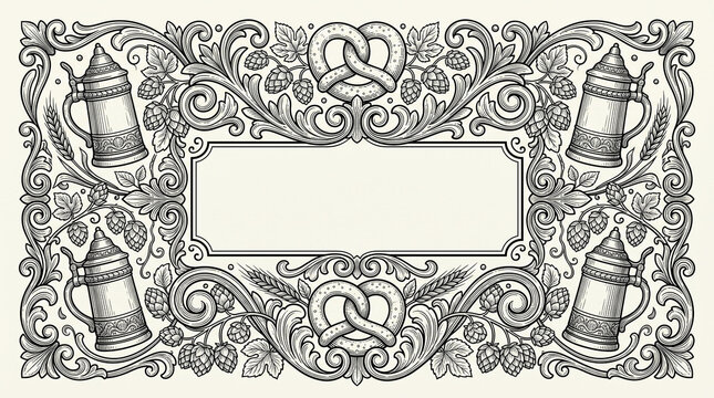 Ornate engraving style frame with beer steins and pretzels.