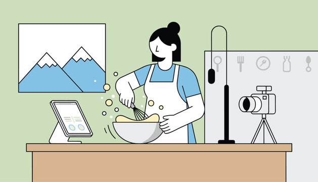 Female chef character whisking ingredients in a bowl while recording a video on a professional camera.