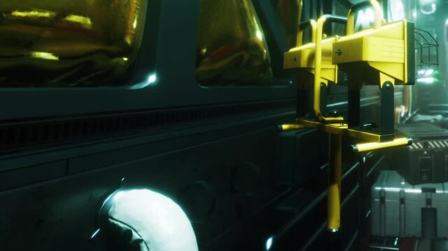 A close up view shows yellow equipment mounted on a dark surface inside a workshop. The area has tools and structures in the background, illuminated by dim lights.