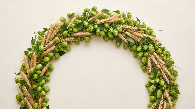 Semicircular arch of fresh green hops and dried wheat.