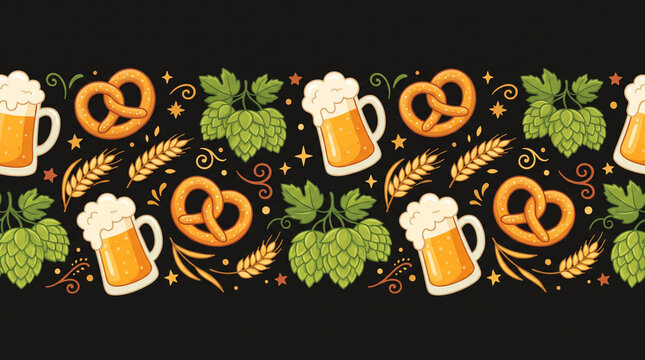 Seamless pattern with beer mugs, pretzels, and hops.