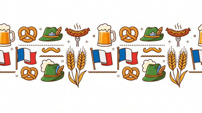 Seamless Oktoberfest horizontal pattern with beer, pretzels, and sausages.