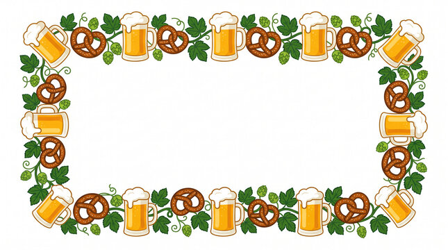 Rectangular frame border of beer mugs, pretzels, and hops.