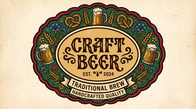 Vintage craft beer label design with ornate border and beer mugs.
