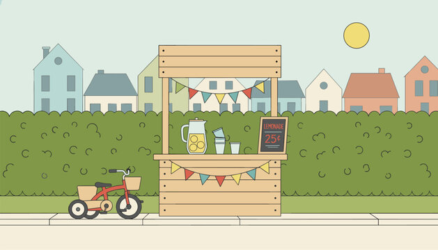 Charming wooden lemonade stand decorated with banner flags and a red tricycle parked on a suburban street in summer.