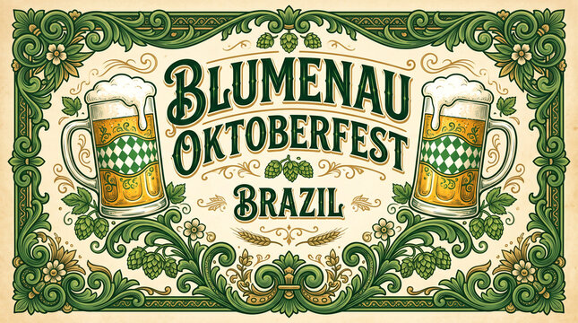 Vintage style Blumenau Oktoberfest Brazil poster design with beer mugs and ornate green border.