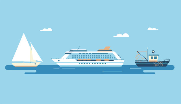 Three different types of sea vessels including a sailboat, a cruise liner, and a fishing boat on the calm ocean.