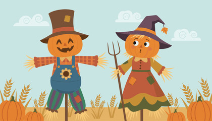 Naklejka premium Two cute friendly scarecrows with pumpkin heads standing in a golden wheat field with ripe pumpkins during autumn.