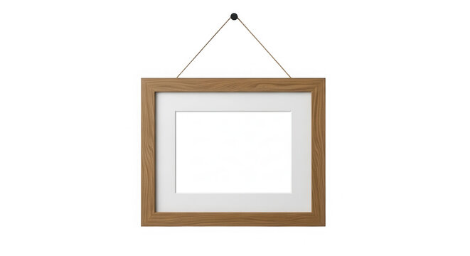 Empty wooden picture frame hanging on a wall with a mat board isolated on transparent background