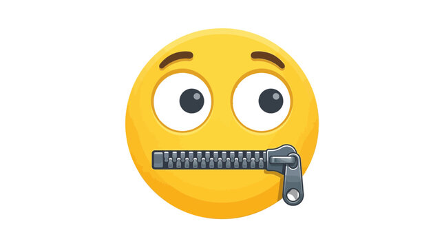 Yellow emoji with wide eyes and a metal zipper across its mouth in digital illustration style