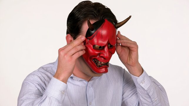 Person adjusting a traditional red demon mask over face.