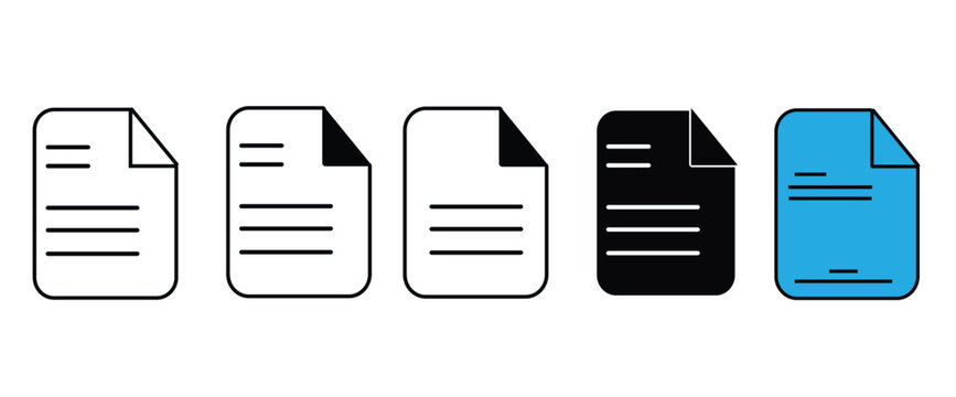 Document file icon set with folded corner page in outline solid and blue color style isolated on white background vector illustration for office app