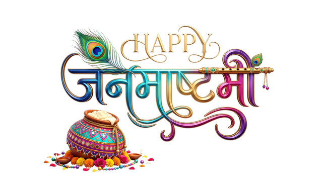 Happy janmashtami greeting with butter pot and flute isolated on transparent background