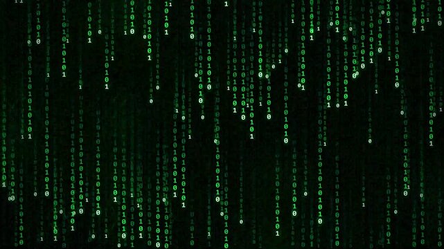 Abstract background of green binary code numbers falling down on a black screen representing computer data flow and cyber security stream