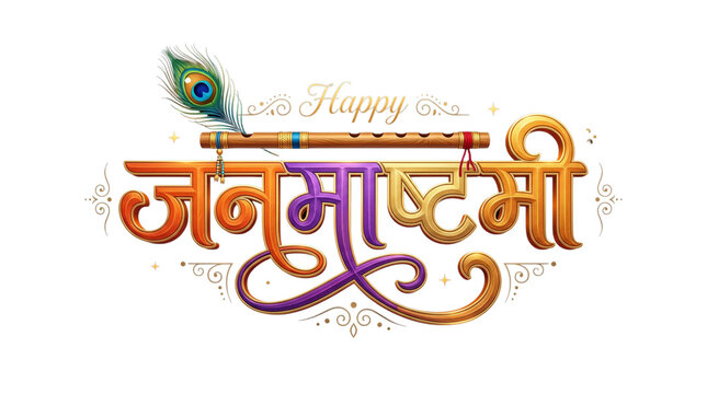 Happy janmashtami golden text with flute and feather isolated on transparent background