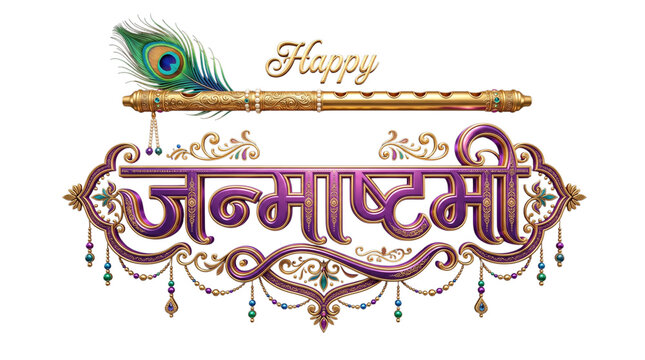 Happy janmashtami greeting with peacock feather and flute isolated on transparent background