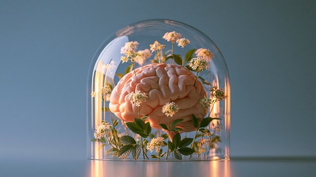 Human brain anatomical model inside glass bell jar with white flowers and leaves representing mental wellness self care conceptual 3d render.