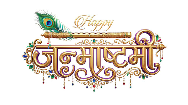 Elegant happy janmashtami calligraphy with flute and feather isolated on transparent background