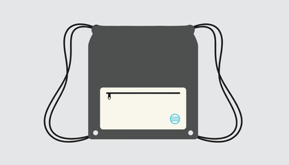Obraz premium Simple vector illustration of a dark grey drawstring backpack bag with a zipper pocket on a light grey background.
