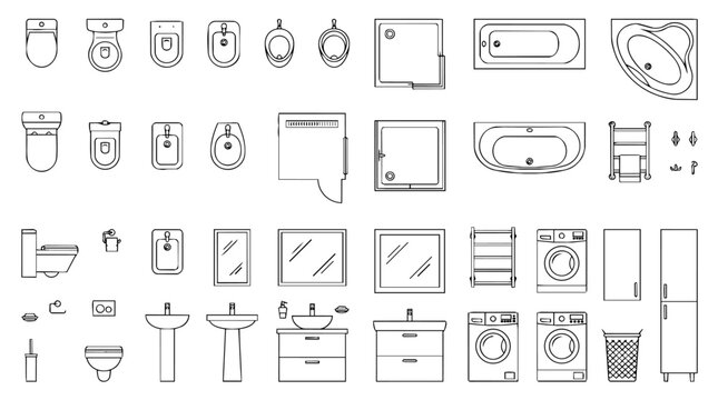 Architectural Bathroom CAD Blocks Top View Floor Plan Fixture Vector Set