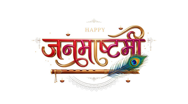 Happy janmashtami greeting with peacock feather and flute isolated on transparent background