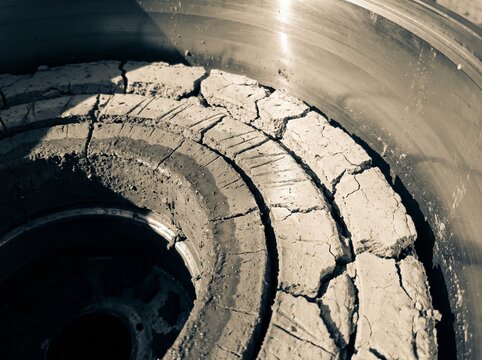 A dewatering centrifuge bowl opened on rings of compacted cake