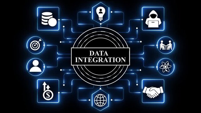 4K seamless loop animation of a data integration dashboard, featuring intelligent digital connectivity networks, real-time enterprise data fusion, and high-background.animation video