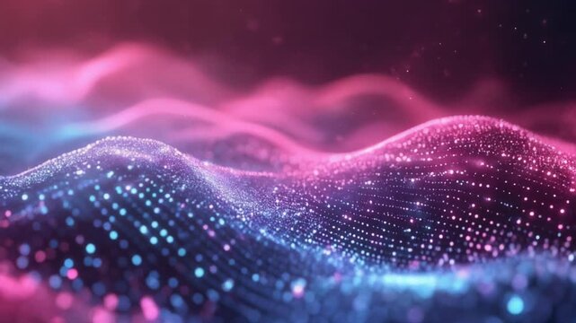 Abstract glowing digital particles flowing like waves in soft cosmic atmosphere with subtle light flares during cinematic movement
