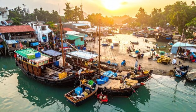 boats docked at a tropical harbor.