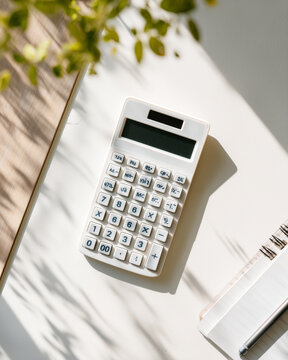 Calculator Geometric Layout - Minimal Education Flat Lay. Premium education flat lay featuring calculator arranged on a clean white workspace with minimal styling, soft lighting and copy space.