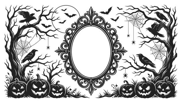 Gothic Halloween mirror frame with spooky trees, pumpkins, bats, crows, spider webs and spiders vector illustration for holiday decoration, party invitation, or greeting card design