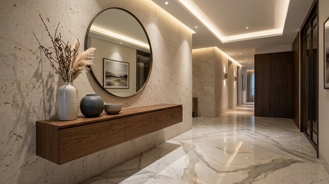 Luxury Hallway Interior Design with Marble Floor and Modern Console Table