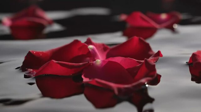 Red Rose Petals Floating on Water with Ripples and Reflections