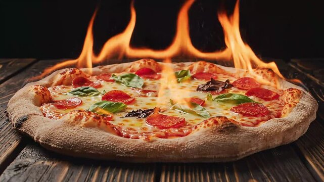 Fresh Hot Pepperoni Pizza Baking in Fire Flames - Slow Motion Food Photography