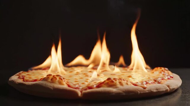Fresh Hot Pepperoni Pizza Baking in Fire Flames - Slow Motion Food Photography