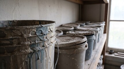 Fototapeta premium Glaze buckets ranked on a studio shelf with dried drips down the sides