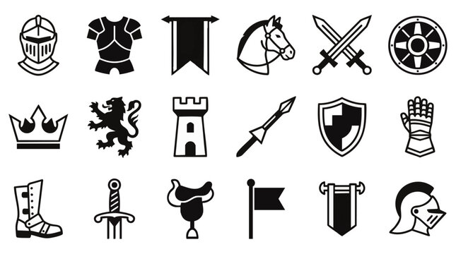 Minimalist medieval icon set with black vector symbols of knight helmet armor crossed swords shield crown and castle, concept for historical game interface, fantasy branding assets and museum graphic